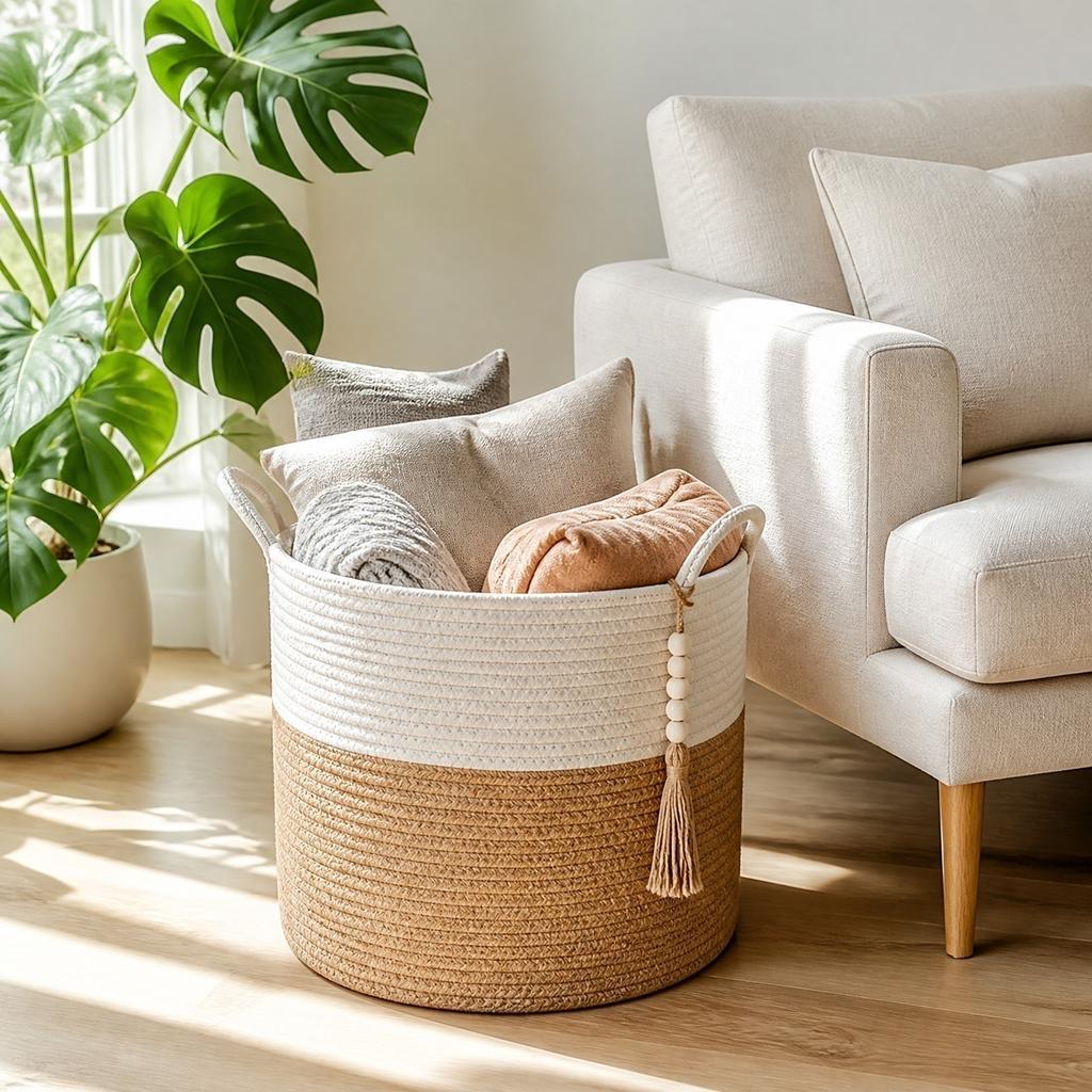 Handwoven Decorative Storage Basket for Closet, Shelf and Living Room Organization