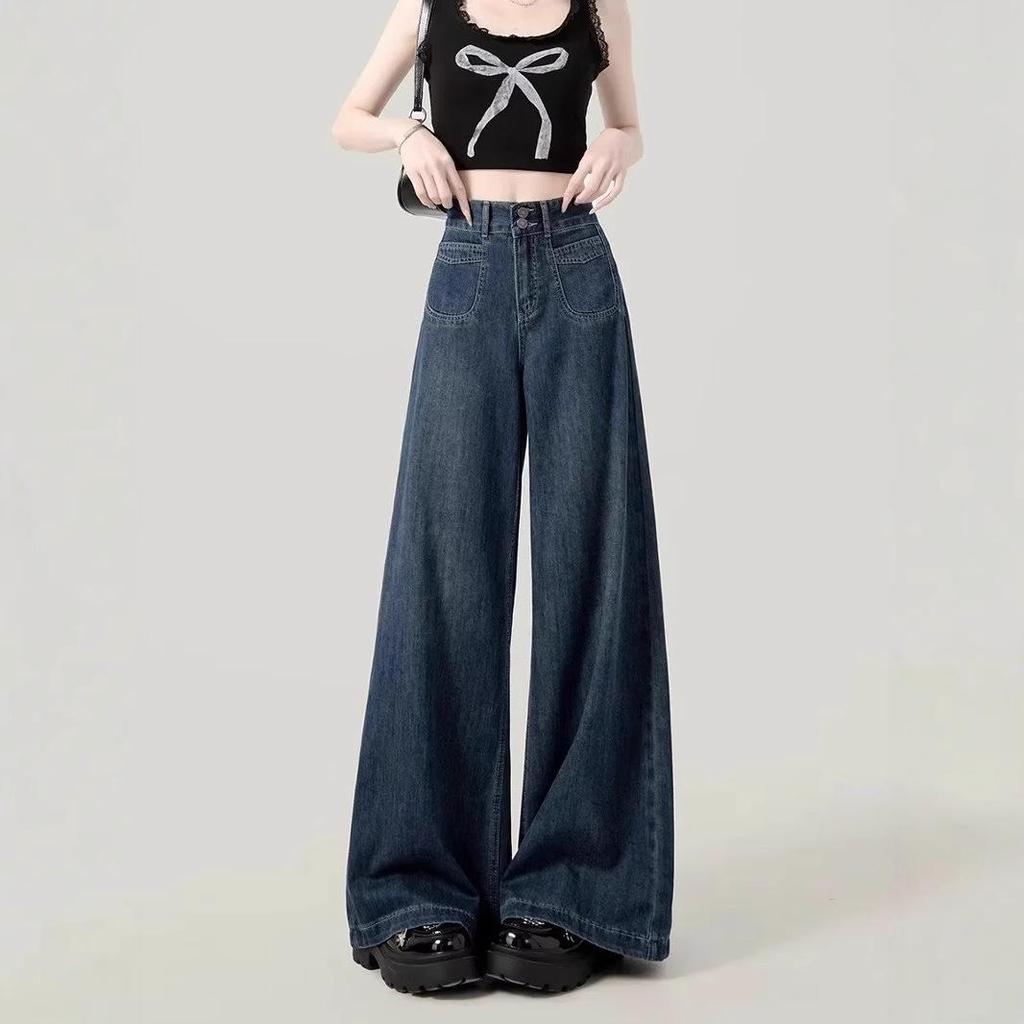 Women's Dark Blue Wide-Leg Jeans - Autumn Loose Fit, Slimming, Floor-Length, Plus-Size Velvet Pants