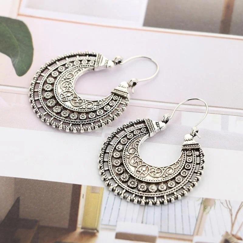 Hoop Earrings Ethnic Tribal Aztec Hippy Boho Dangle Silver Tibetan Fashion