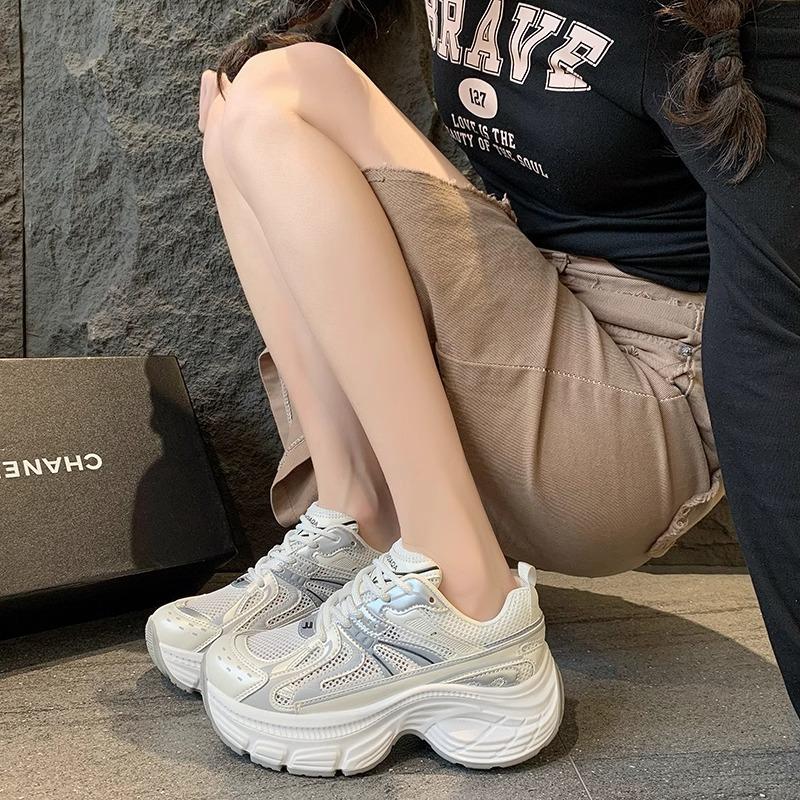 Foreign trade heightening muffin thick-soled dad shoes women's 2025 new spring and summer metallic mesh breathable sports and leisure shoes