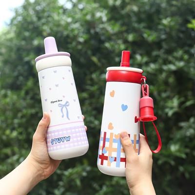 Water Bottle Cartoon Cute Children Strap Straw Cup Stainless Steel Thermos Cup Girls Portable Sports Kettle