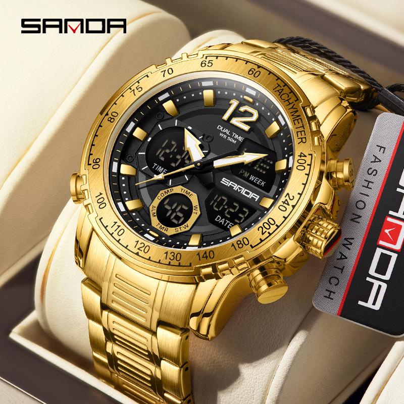 Sanda Men's Dual Display Multifunction Steel Band Sport Waterproof Watch