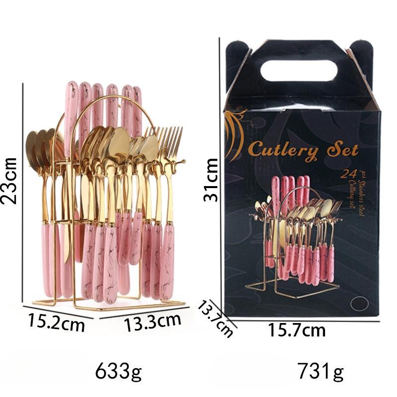 Stainless steel knife, fork, spoon, Nordic 24 piece cutlery set, marble pattern, dessert spoon, steak knife and fork gift box set