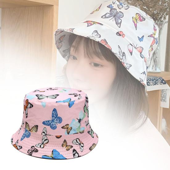 Butterfly Print Fisherman Hat Summer Cotton Double-sided Outdoor Bucket Sun Cap