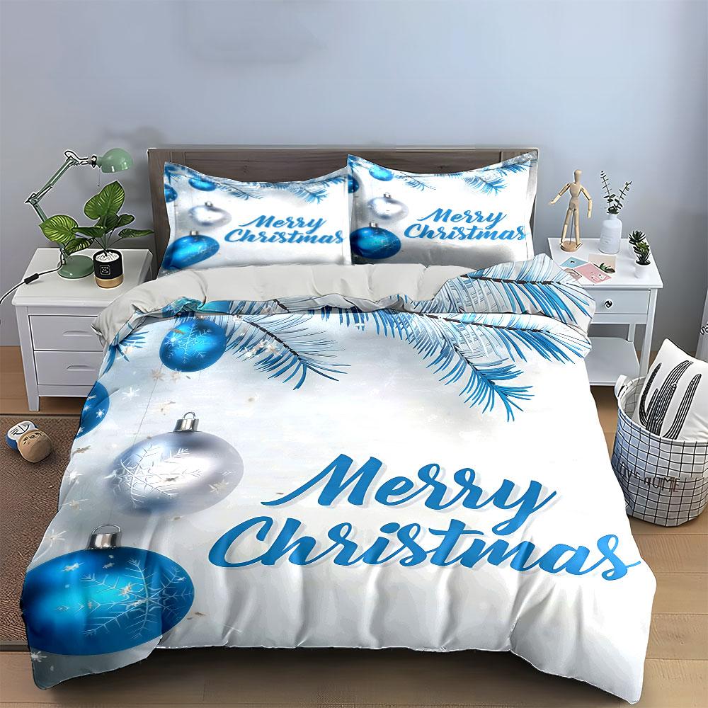 Merry Christmas Blue Decor Bedding Duvet Cover Set Duvet Cover Pillowcases  (1*Duvet Cover 2*Pillowcases, Without Duvet Insert)