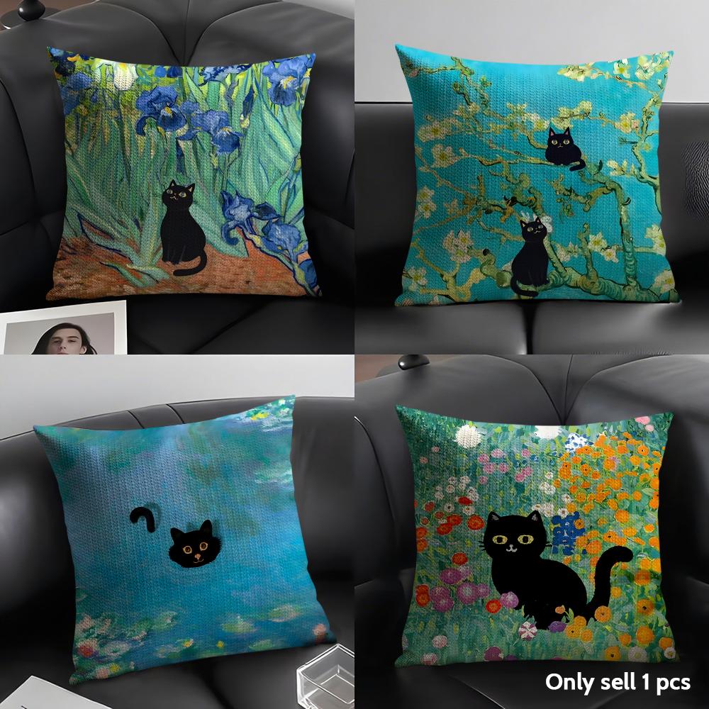 Black Cat Oil Painting Cushion Cover Summer Breathable Linen Organic Fabric Double-Sided Printing Sofa Pillow Case Home Decor