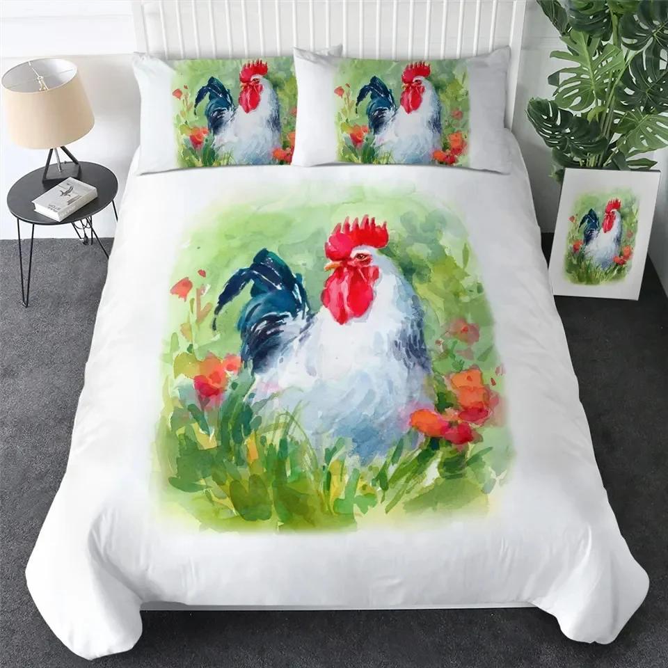 Chicken Duvet Cover King Queen Size Watercolor Rooster Bedding Set for Boys Teens Adults Farm Animal Polyester Comforter Cover