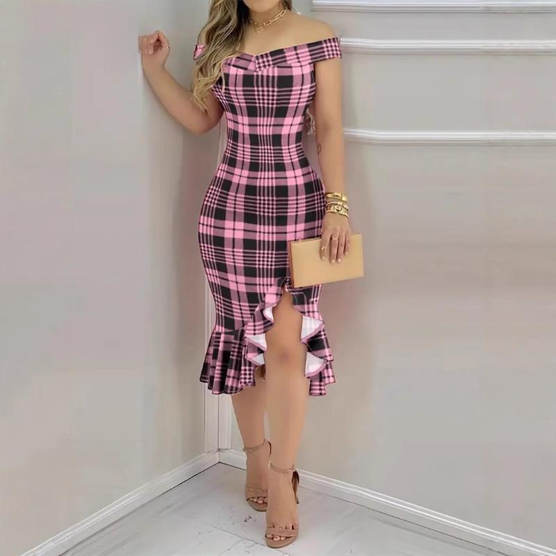 Wish Damen One-Shoulder Sexy Off-Shoulder Rüschenkleid Damenbekleidung
