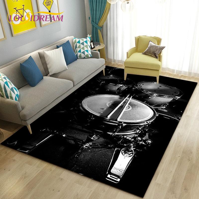 Teppich mit Schlagzeug, Musikinstrumenten, groß, Teppich für Wohnzimmer, Schlafzimmer, Sofa, Fußmatte, Küchendekoration, rutschfeste Bodenmatte für Kinder