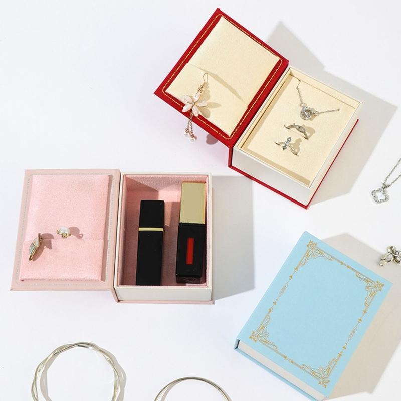 Jewelry Presentation Box with Book Style Flip Lid, Soft Lined Ring Holder Panel and Display Space for Gift Packaging