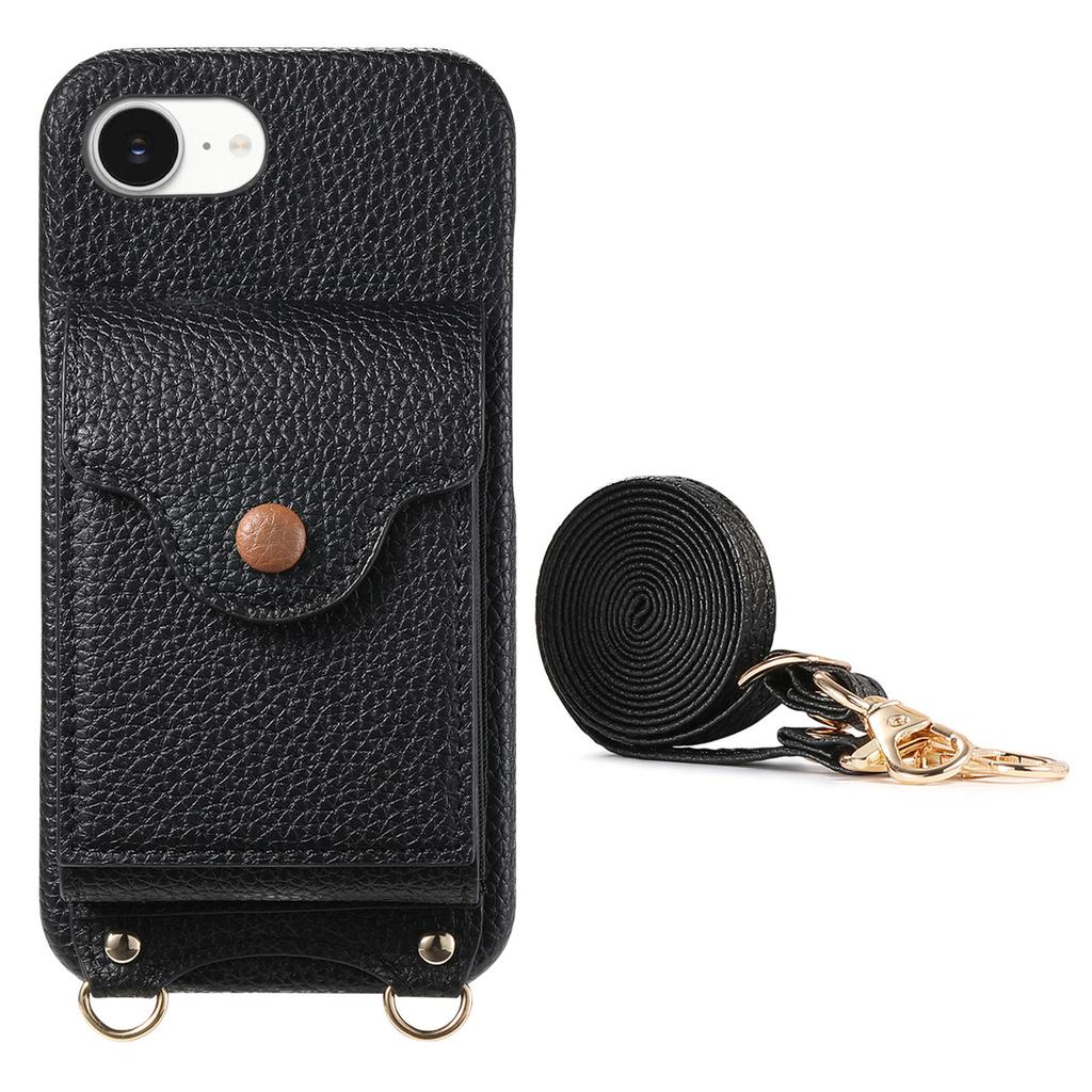 For iPhone 16e Case Mirror Card Holder Litchi Texture Leather Phone Back Cover with Long Strap