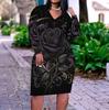 Women Plus Size V Neck Long Sleeve Black Purple Printed Fitted Dress
