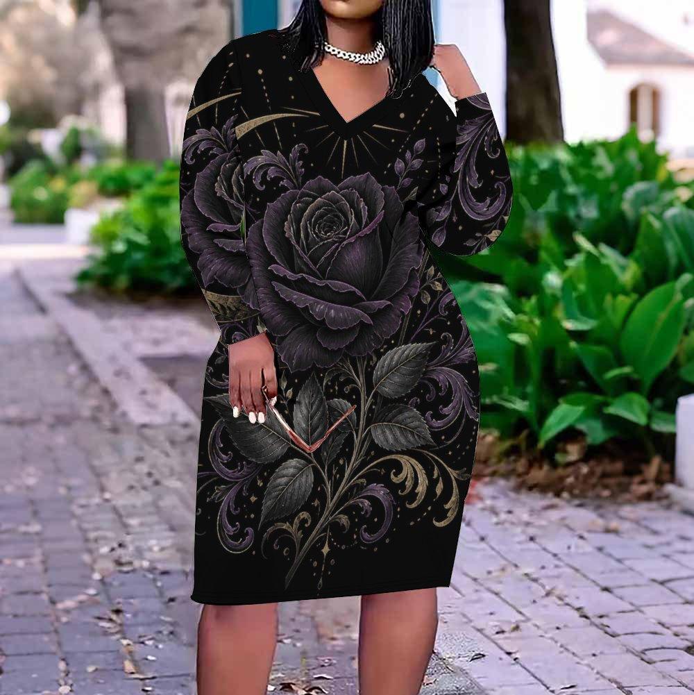 Women Plus Size V Neck Long Sleeve Black Purple Printed Fitted Dress