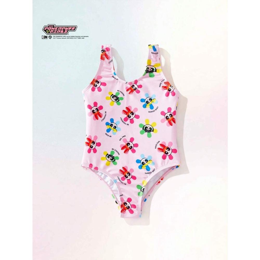 Girls One Piece Swimsuit Cute Cartoon Colorful Flower Print Sleeveless Swimwear Kids Summer Beach Bathing Suit