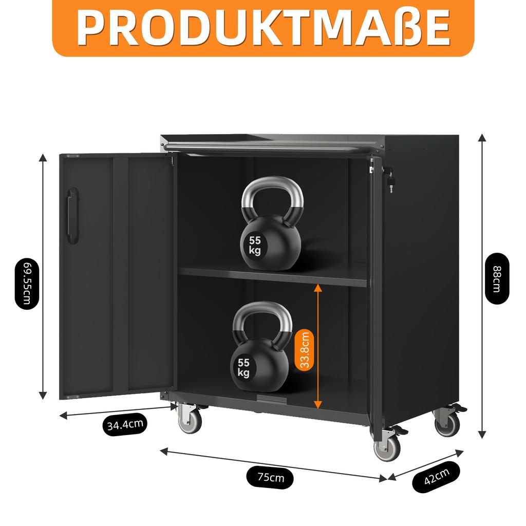 Heavy-Duty Metal Garage Storage Cabinet with Wheels, 75 x 42 x 88 cm, with Lock - Universal for Office, Basement, Workshop (Assembly Required)