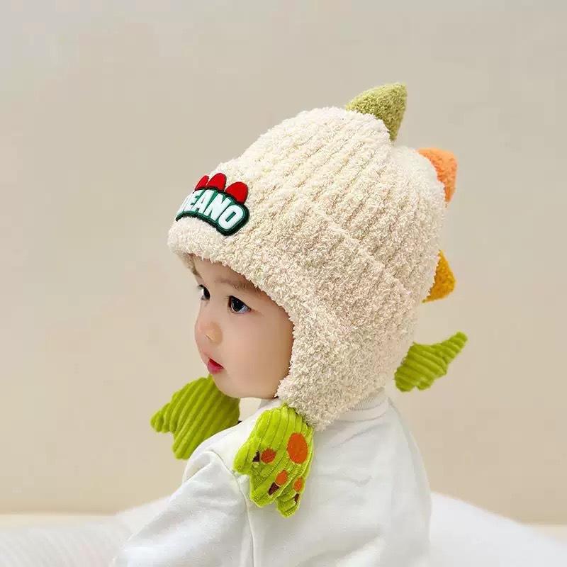 Winter Kids' Thickened Ear-Warming Windproof Fleece-Lined Beanie Cute 3D Dinosaur Knit Beanie