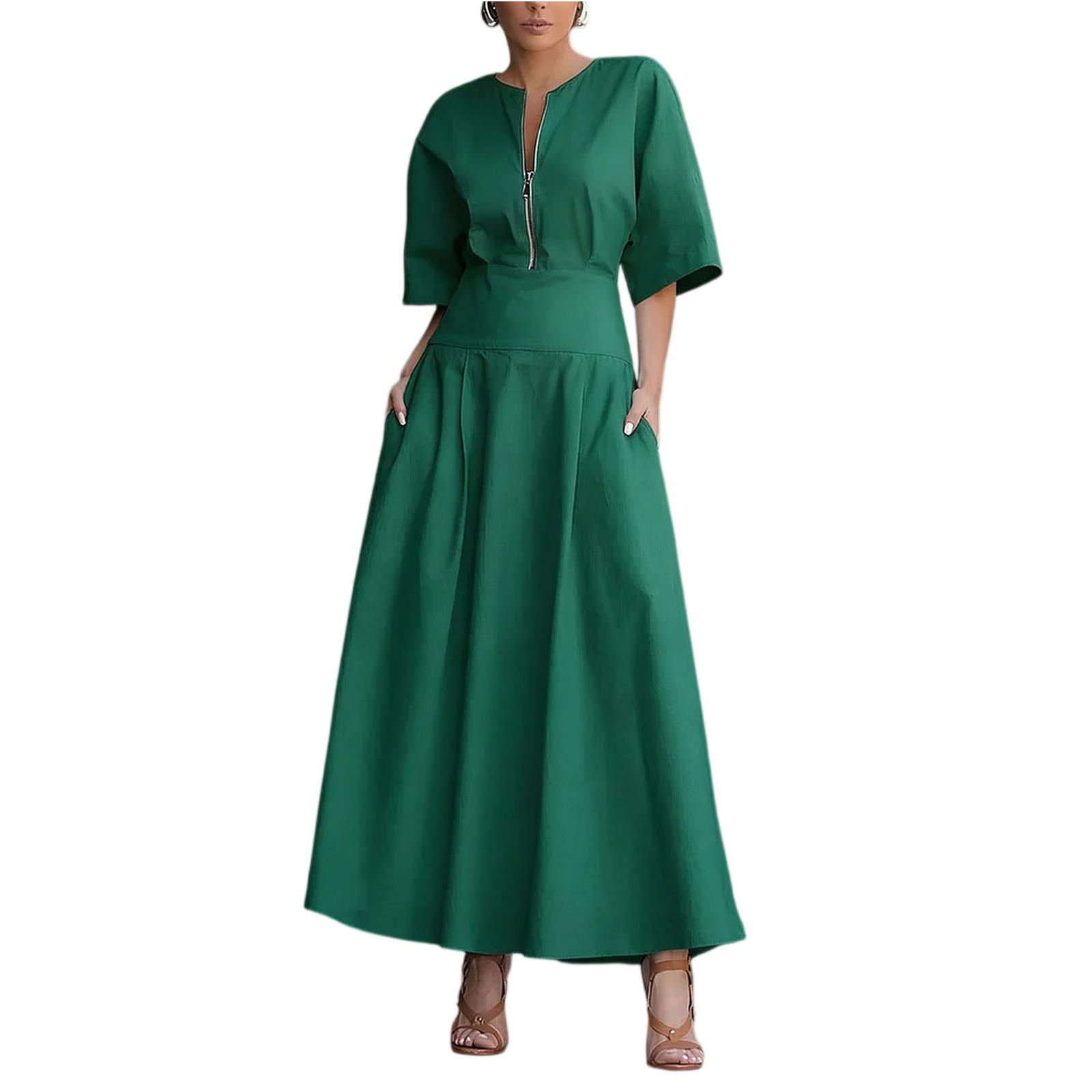Fashionable Women s  Color Dress, Large Swing Long Skirt, Fashionable Casual Short Sleeved Dress, Women s L зелёный