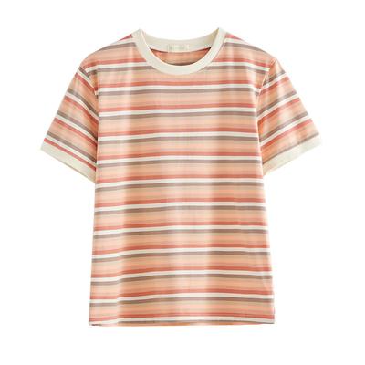 Mittellanges Lockeres Retro Regenbogenstreifen Kurzarm-T-Shirt für Damen Sommer Neues Vielseitiges Oberteil