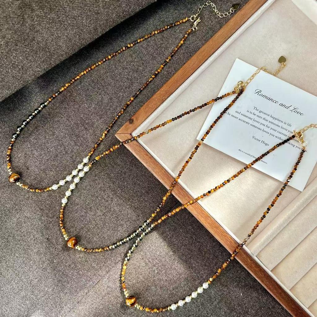 Vintage Strong Light High Quality Natural Tiger'S Eye Stone Artificial Crystal Pearl Necklace Collarbone Chain