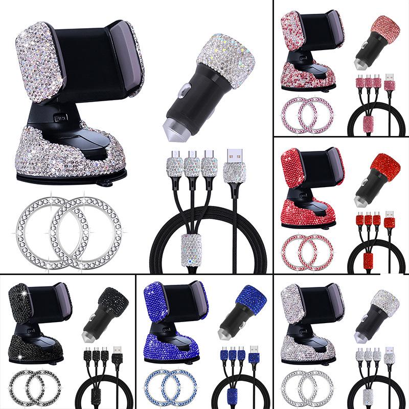 

Diamond-Studded Car Accessories Set: Phone Holder, One-Key Start Ring, Charger
