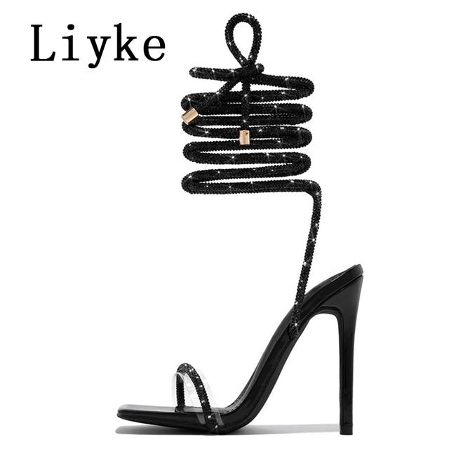 Fashion Liyke Fashion Glitter Rhinestones Women Sandals Crystal Ankle Strap High Heels Party Prom Shoes Lady Wedding Stiletto Sandalias