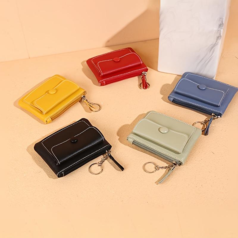 Casual Style Zip Wallet With A Keychain Solid Color Coin Purse Mini Card Holder Key Pouch And Wet Wipes For Cleaning