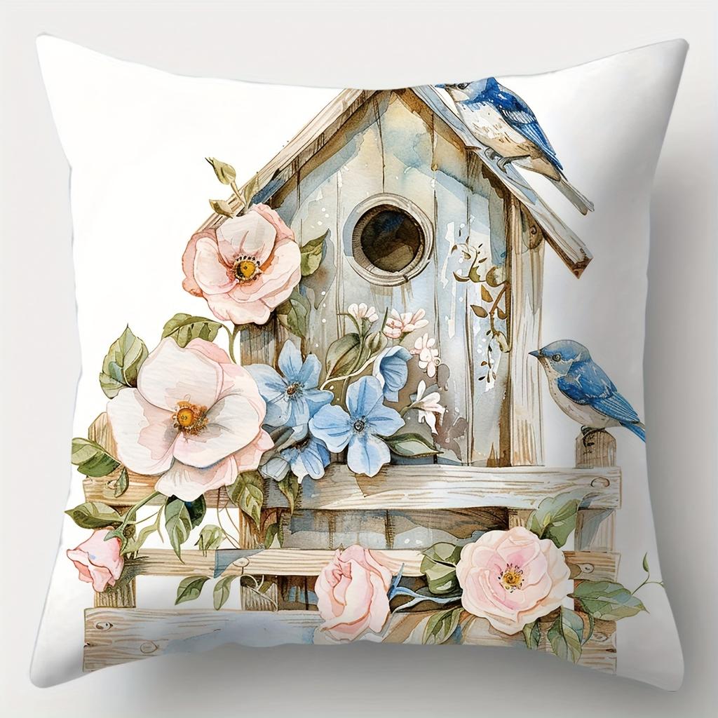 Floral Watering Can Birdhouse Bicycle Fence Pillows Polyester pillowcase, sofa decorative cushion cov Headboard Pillow