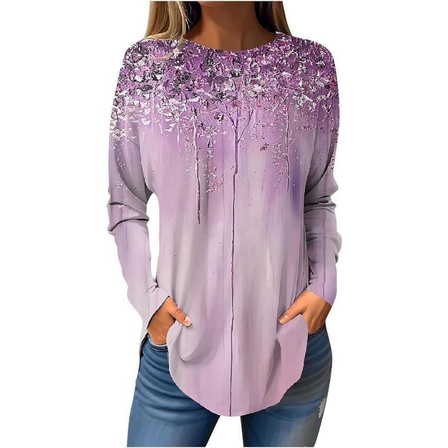 Långärmade 3D-printade T-shirts Blomma Rundhalsad Topp för Damkläder