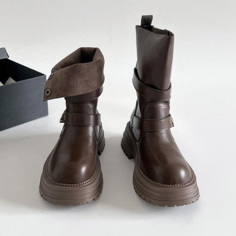 

Fashion 2025 Winter Mid Heels Women Buckle Ankle Boots Fashion Classical Shoes New Platform Luxury Short Boots Elegant Zapatillas Mujer 35 коричневий