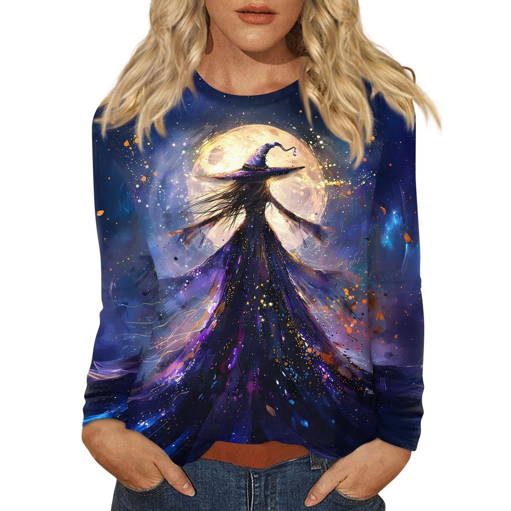 Women's Fashion Casual Halloween Printed Round Neck Long Sleeve Pullover Top