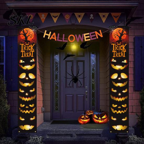Decorative Party Accessory Halloween Porch Sign Banner, Pumpkin Ghost Awning Hanging Wall Indoor Decoration Door Decoration, Front Wreath Banner Yard