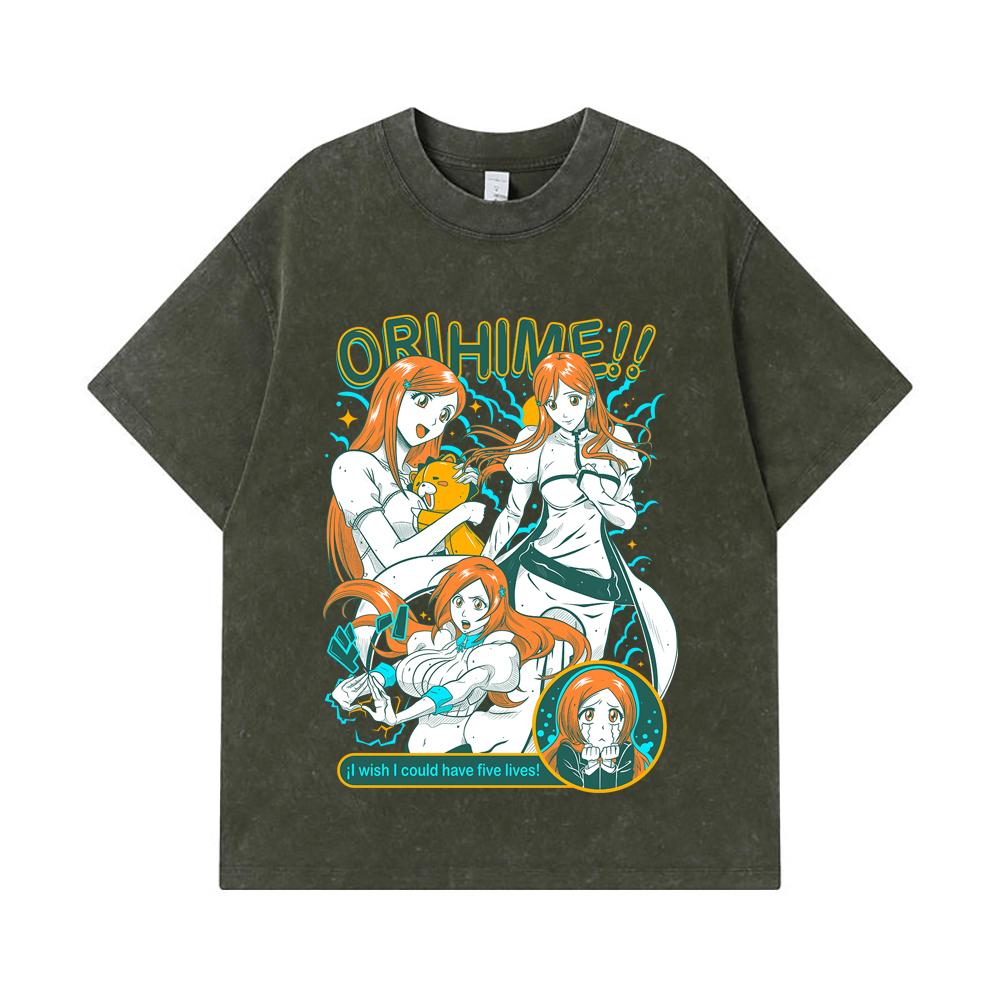 275 GSM Washed T-shirts 100% Cotton Bleach V3 Orihime Print Unisex Heavy Cotton T Shirt S