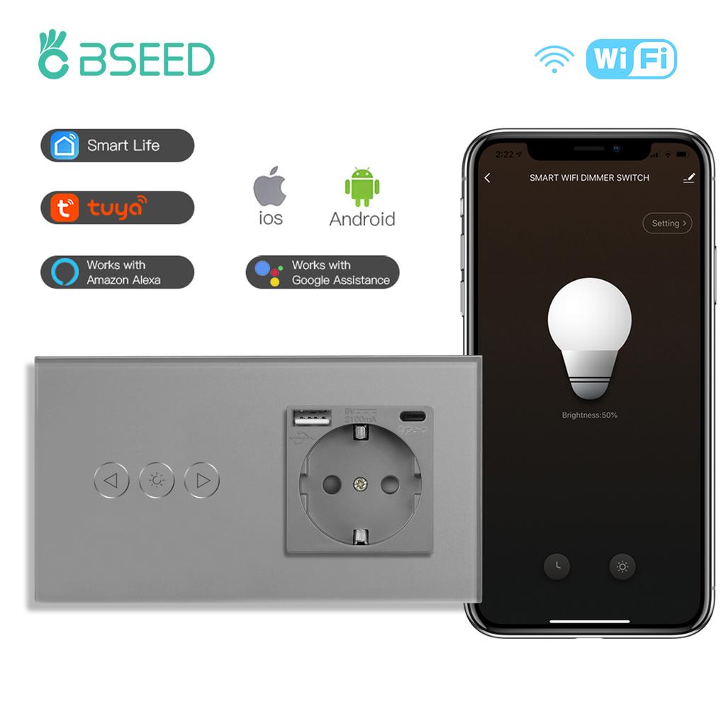 BSEED Wifi Dimmer Switch 1Gang1Way Smart Touch Switches LED Lamps Plus Normal EU Socket With USB Type-c Tuya Smart Life App