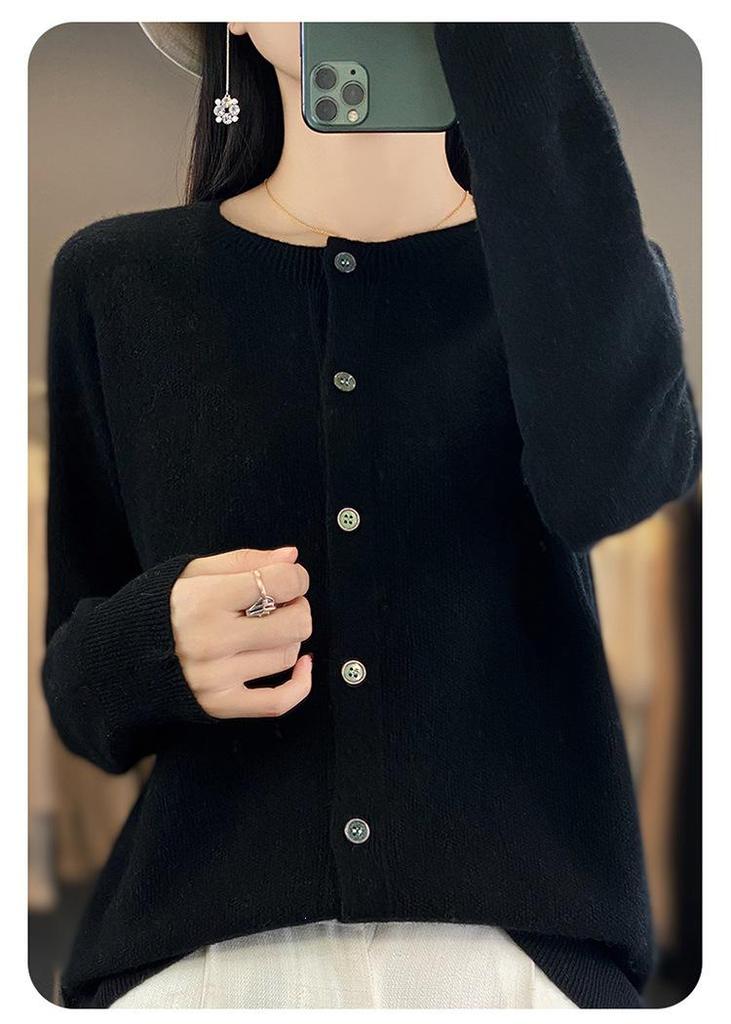 Women's Osmanthus Stitch Wool Cardigan - Round Neck, Loose Fit, Button-Up, Casual Knitwear Outerwear