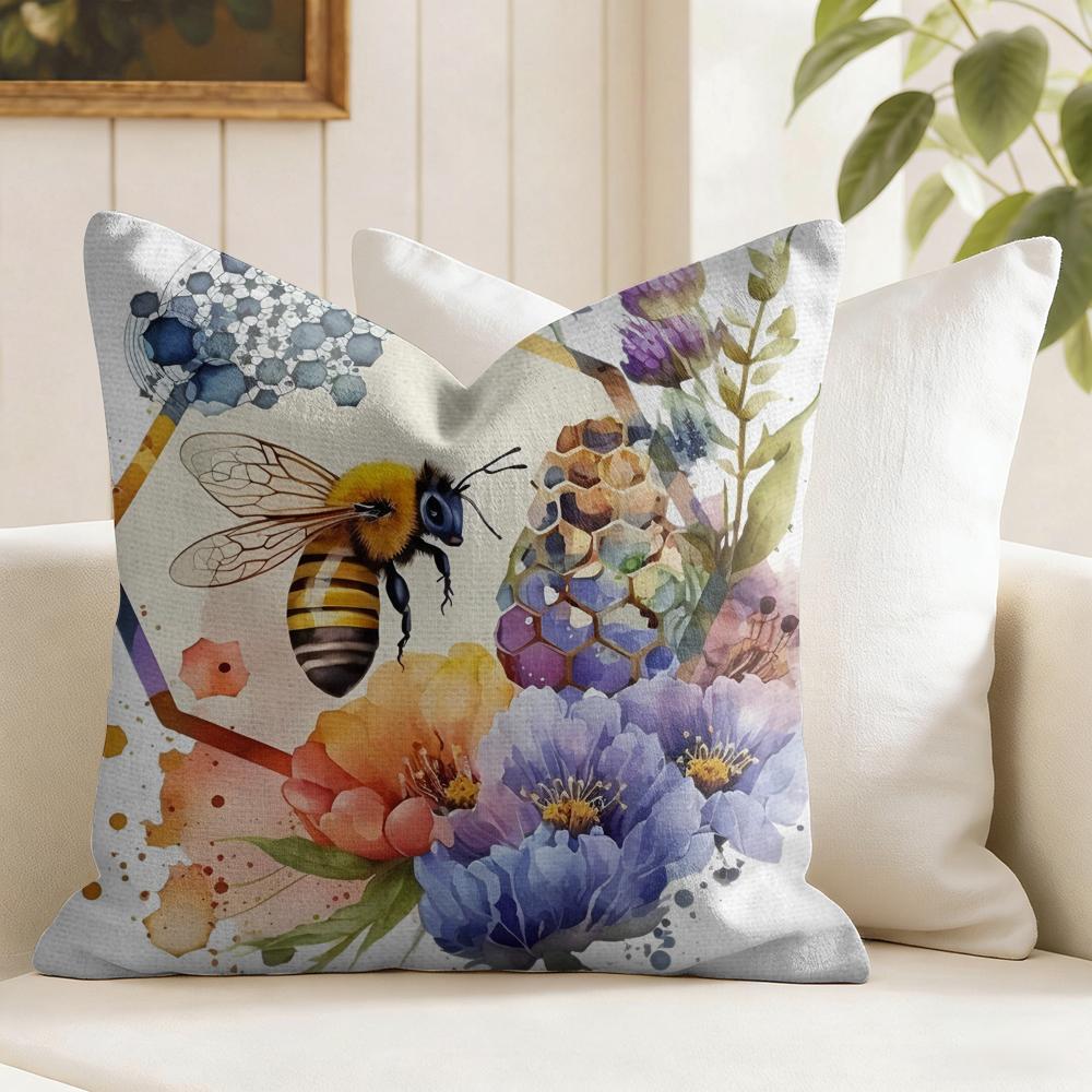 Watercolor beeflowers Cushion Cover Natural Linen Organic Fabric DoubleSided Printing Couch Pillow Covers Home Decor