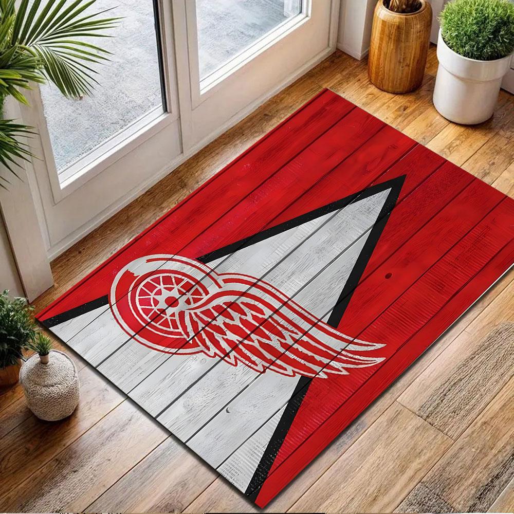 Red Wings Logo On Wooden Texture Patterned Carpet, Non Slip Mat Suitable for Living Room and Bedroom Sofas