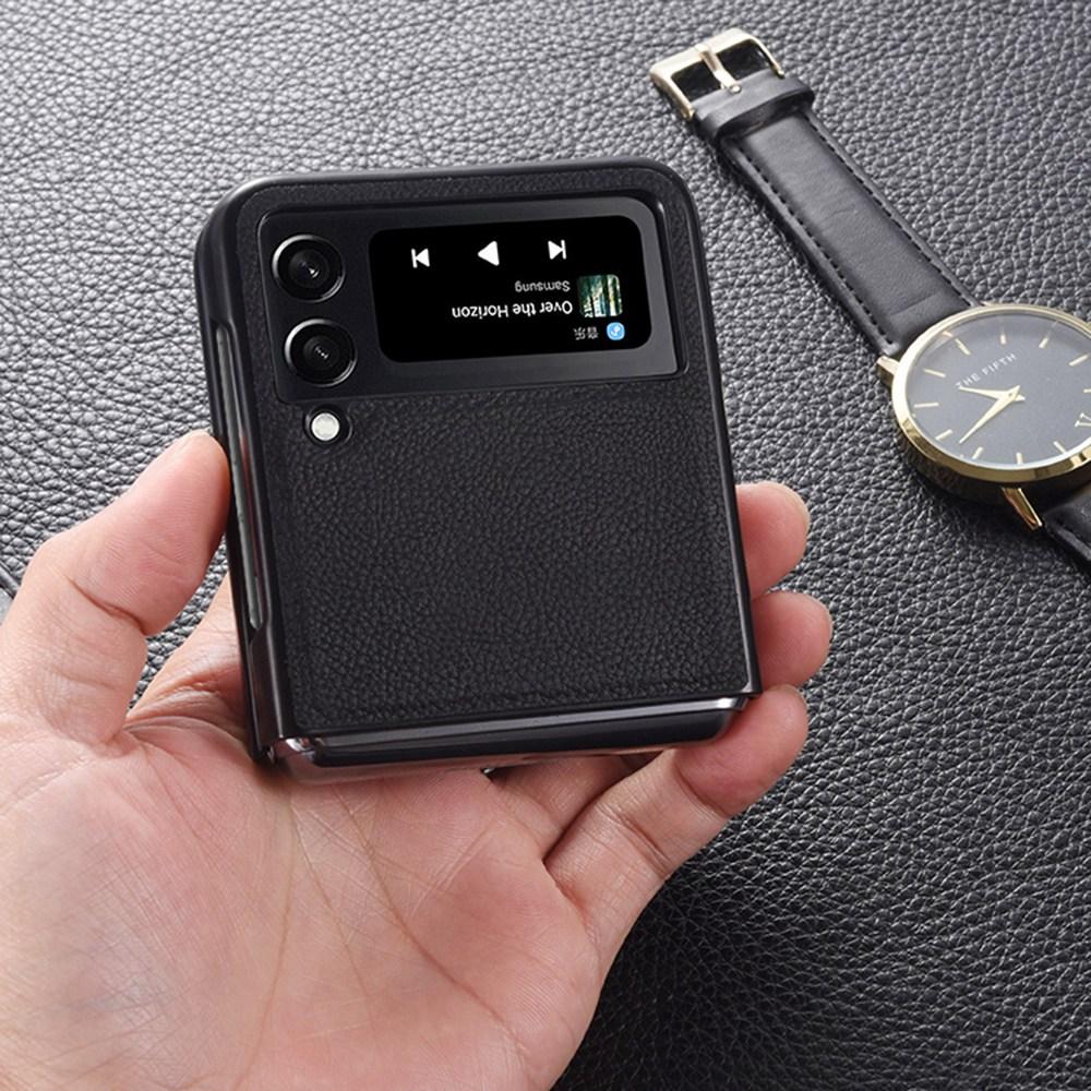 

For Samsung Galaxy Z Flip4 5G Wear-Resistant Top Layer Genuine Leather+PC Phone Case Protector Black