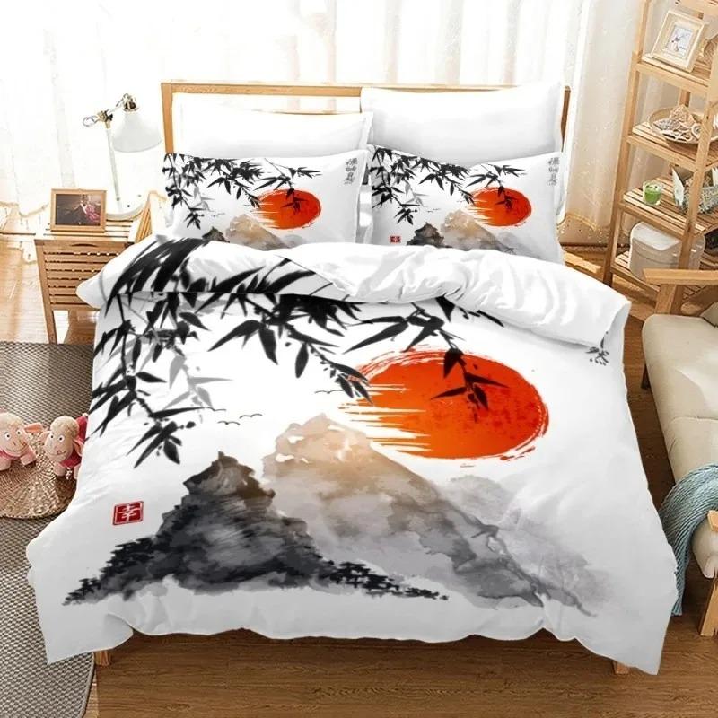 Wash Painting Bedding Set Chinese Style 3D Printed Duvet Cover With Pillowcase Ink And Wash Flower Bamboo Design Comforter Cover