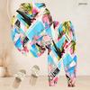 Women Plus Size Blue Pink White Printed Two Piece Set Long Sleeve Hooded Top Cuffed Pants