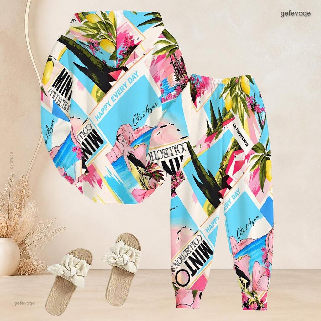 Women Plus Size Blue Pink White Printed Two Piece Set Long Sleeve Hooded Top Cuffed Pants