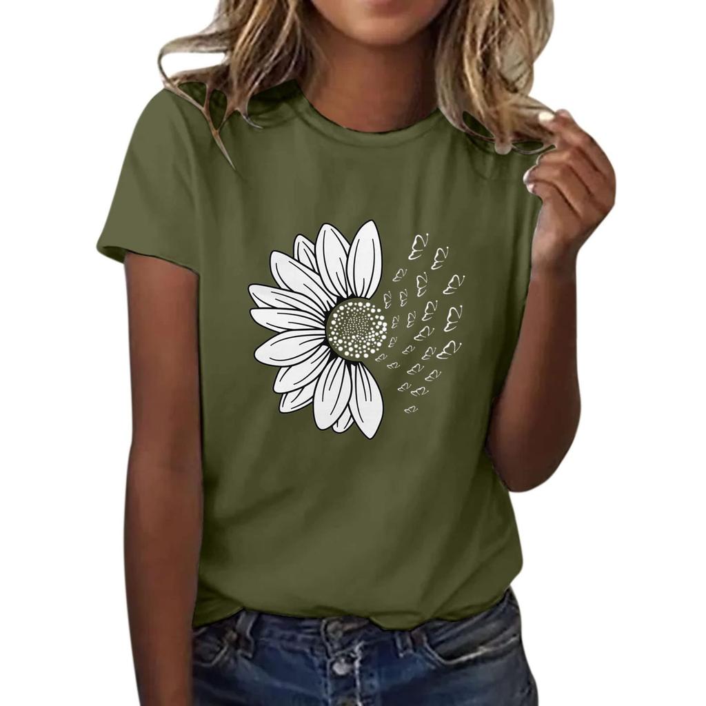Women's Casual Floral Print Short Sleeved T-shirt With Round Neck  Top