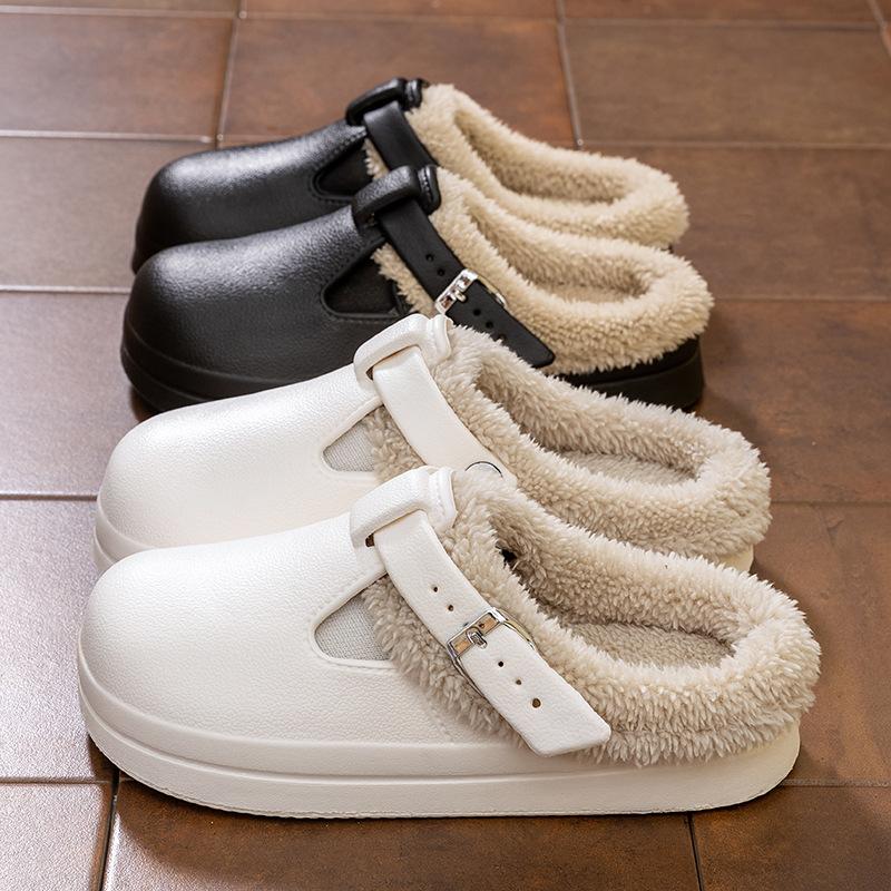 Waterproof cotton slippers Home autumn and winter velvet cotton shoes Indoor and outdoor cotton towing belt buckle Warm platform shoes