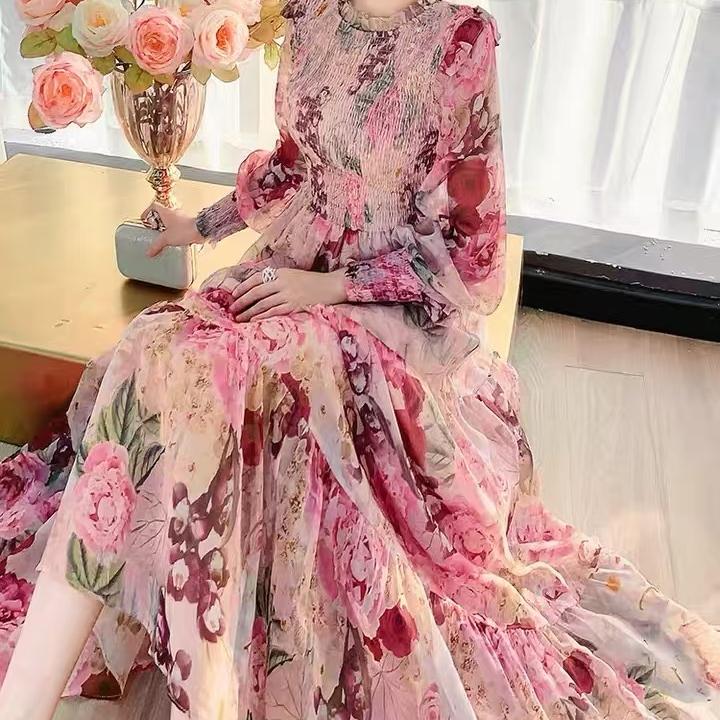 Tingfly Kobiety Moda Kwiatowy Nadruk Marszczony Elastyczny Szyfon Midi Długie Sukienki Pani Bohemska Zwiewna Codzienna Uliczna Sukienka Elbise Robes