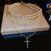 Tooxika Luxury Niche Design Layered Pearl Cross Pendant Necklace Choker Collarbone Chain