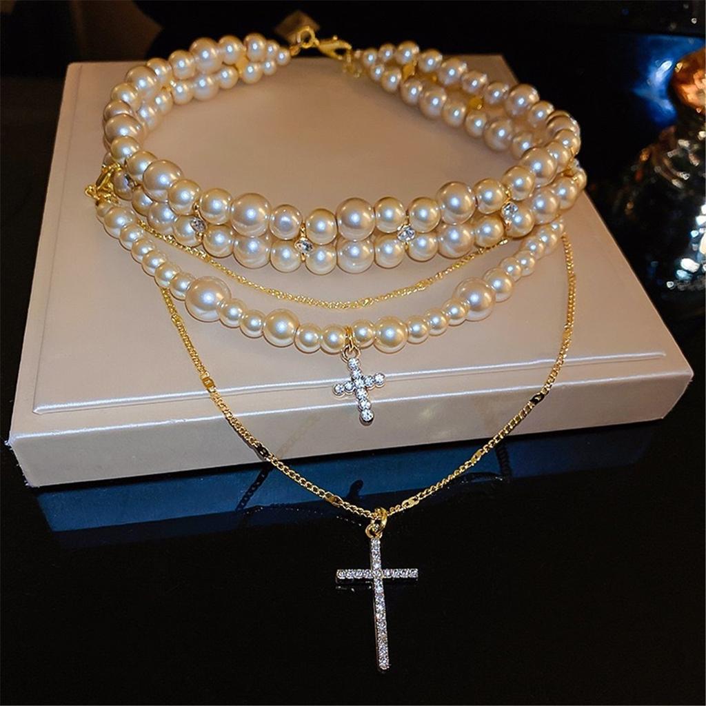Tooxika Luxury Niche Design Layered Pearl Cross Pendant Necklace Choker Collarbone Chain