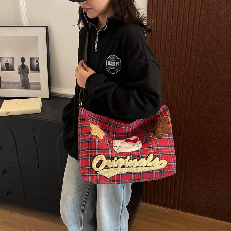 Printed Canvas Plaid Shoulder Bag Outdoor Leisure Crossbody Bag