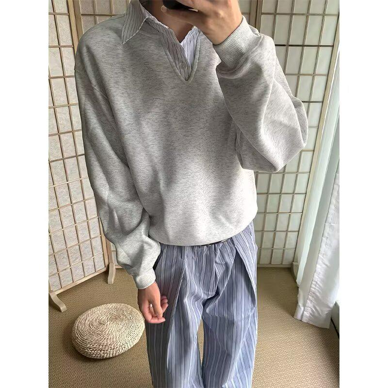 Men's Casual Patchwork Color Block Hoodie - Trendy Fake Two-Piece Shirt Collar, Loose Fit for Spring & Autumn