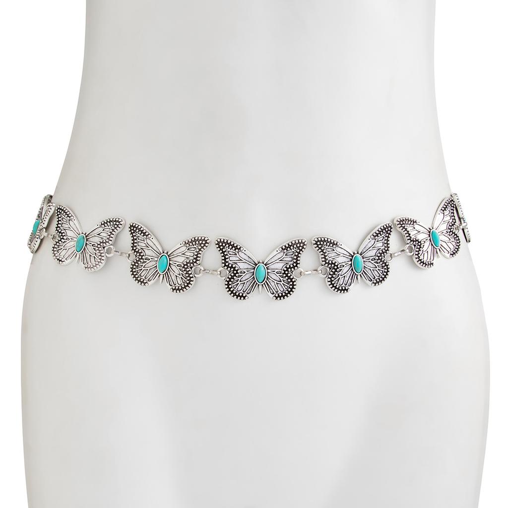 Retro Ethnic Butterfly Waist Chain Gold Silver Color Imitation Turquoise Body Jewelry Belly Chain for Women Sexy Bikini Adjustable Belt Y2K Vintage
