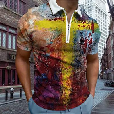 Camiseta casual de lapela, camiseta com zíper da moda masculina jovem, camiseta de manga curta, camiseta com estampa cruzada 3D masculina