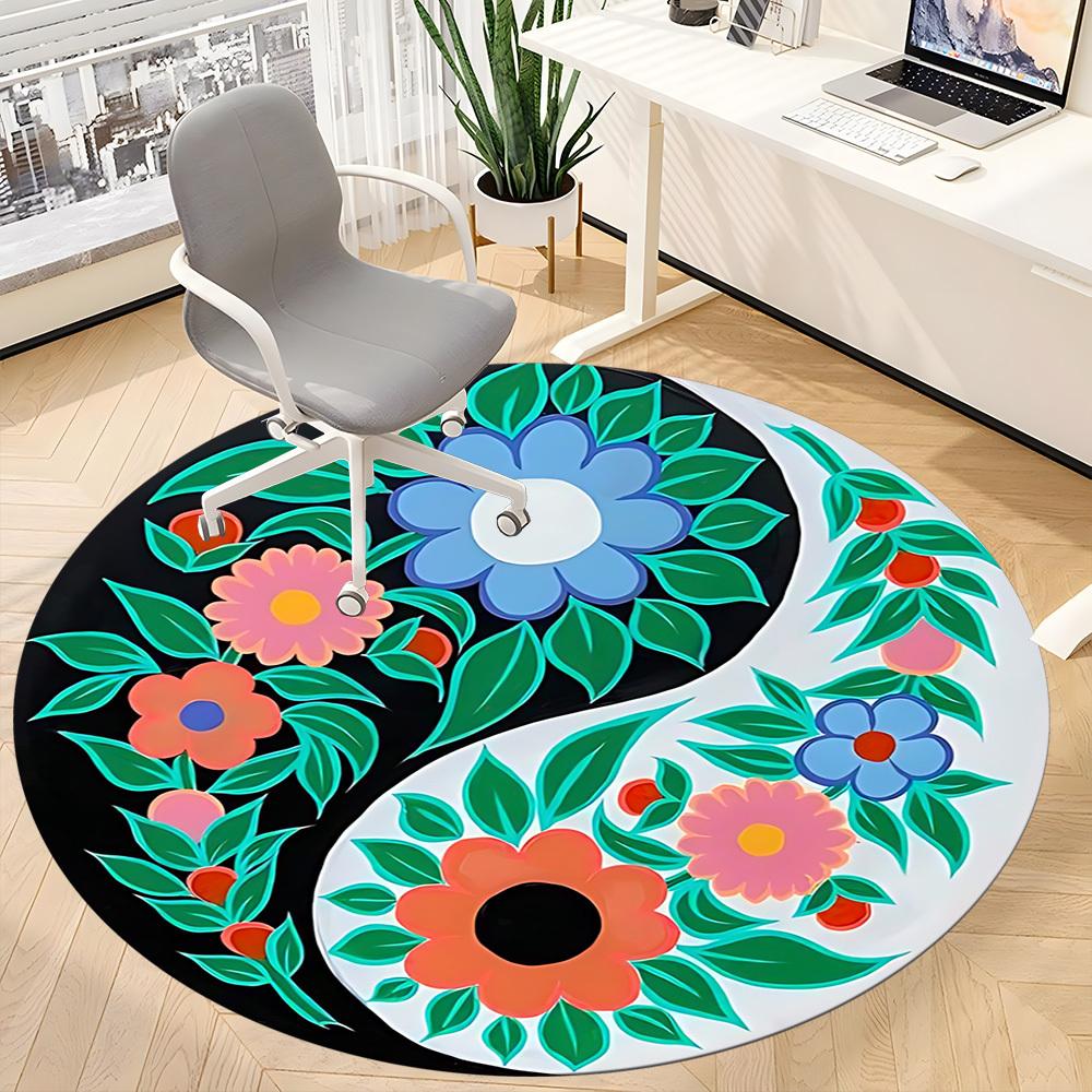 1pc Floral Yin Yang Symbol Carpet, Round Non Slip Durable Large Size Office Carpet, Suitable for Office